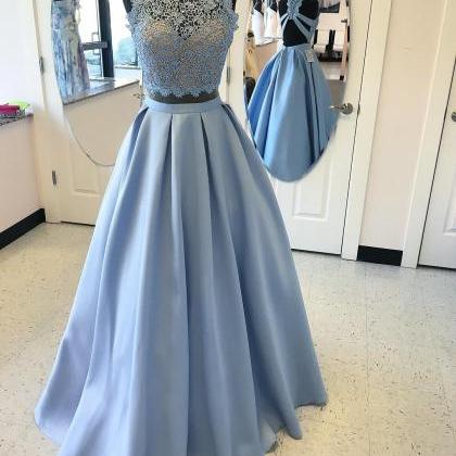 Two Piece Sky Blue Prom Dress, 2018 Two Piece Sky..