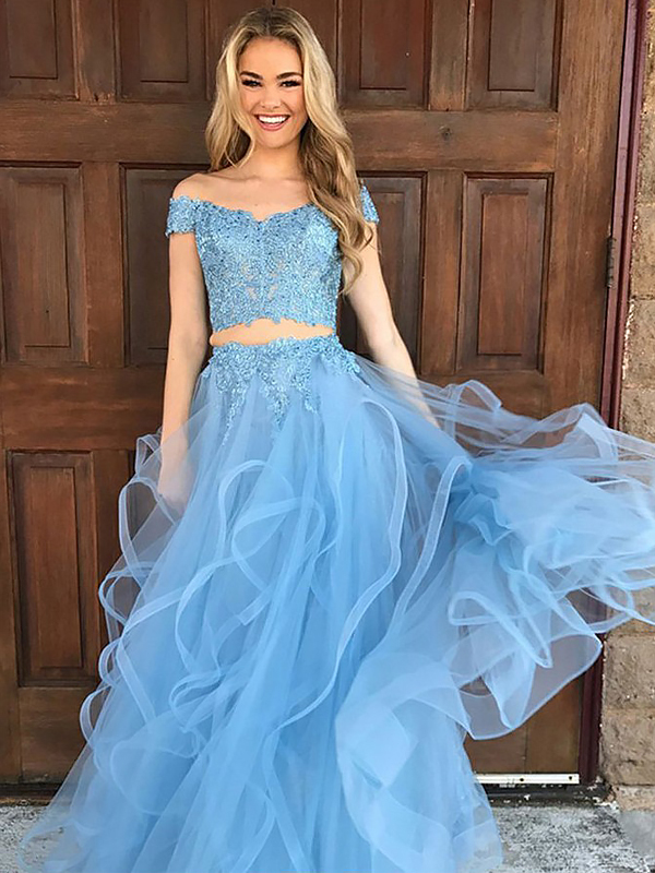 A-line/princess Sleeveless Off-the-shoulder Tulle Applique Floor-length Two Prom Piece Dresses 2018