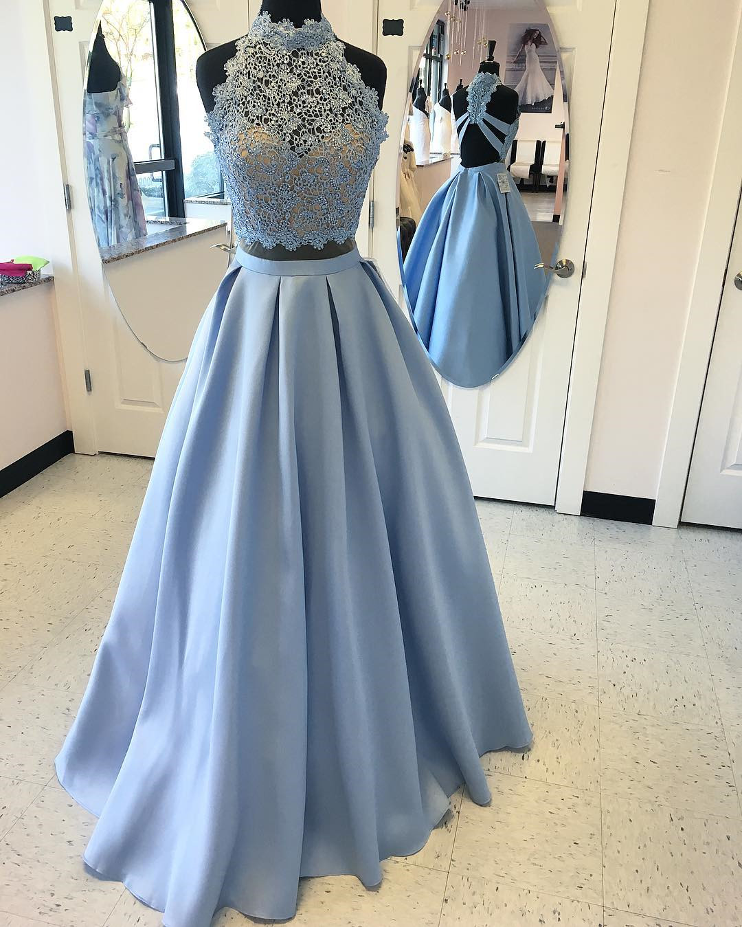 Two Piece Sky Blue Prom Dress, 2018 Two Piece Sky Blue Long Prom Dress 2018