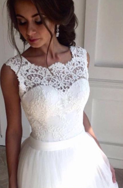 Sleeveless Sheer Lace Appliqués A-line Wedding Dress Featuring V Back